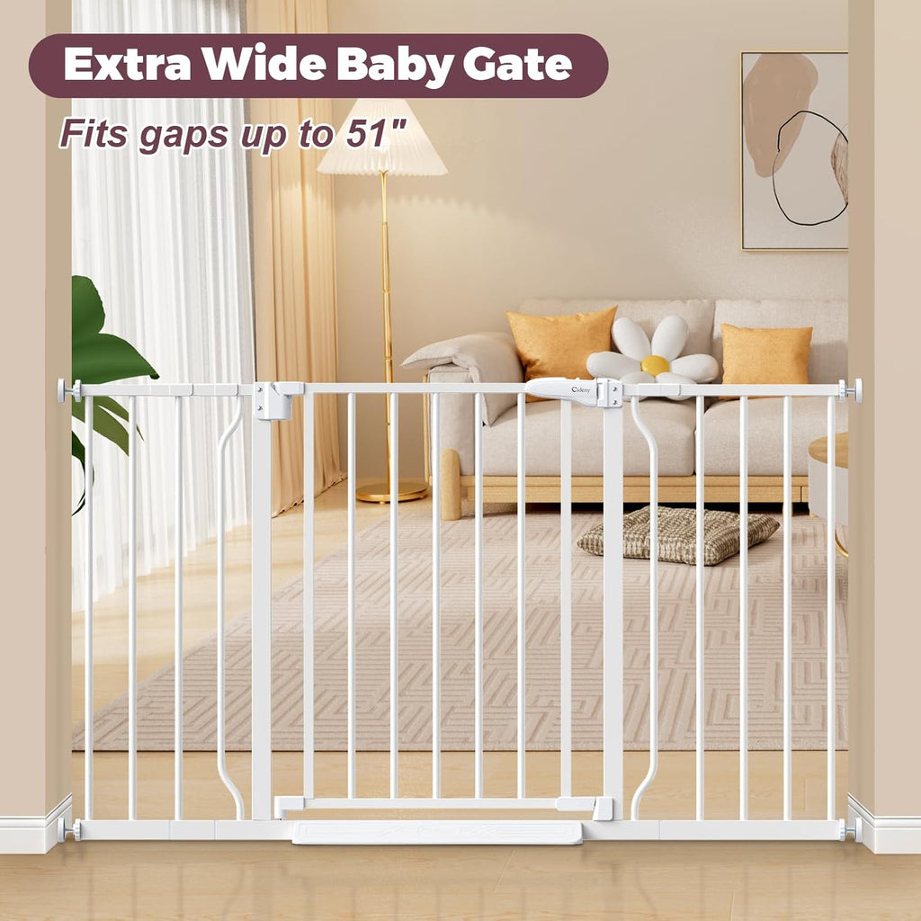29"-51" Baby Gate for Stairs, Auto Close Stroller Friendly Dog Gate Indoor for Doorways, Pressure Mounted Baby Gate, Easy Walk Through Gate for Children & Pets, White