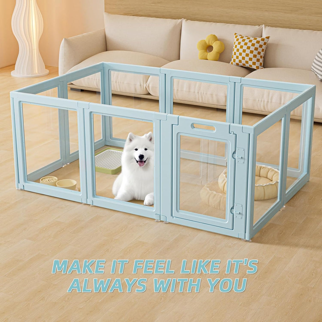 DIY Clear Acrylic Dog Playpen House,Quick Easy Assembly and Disassembly,Strong Floor Suction,Indoor and Outdoor Use,Easy Cleansing Puppy Fence (Sky Blue, 30.3" H, 8PCS)