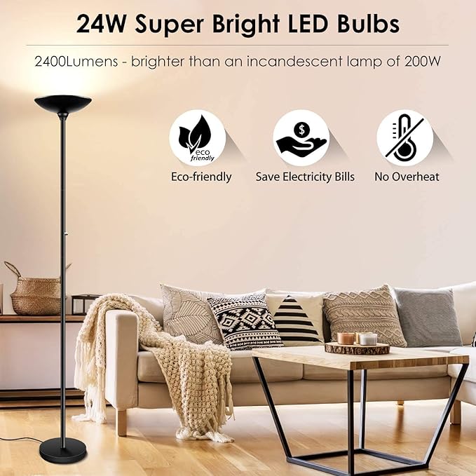 BoostArea Torchiere Floor Lamp, 30W Super Bright LED Standing Lamp, Stepless Dimmable Pole Lamp with 3000K Lighting, Rotary Switch, 70 Inch Tall Metal Modern Floor Lamps for Living Room/Bedroom Black