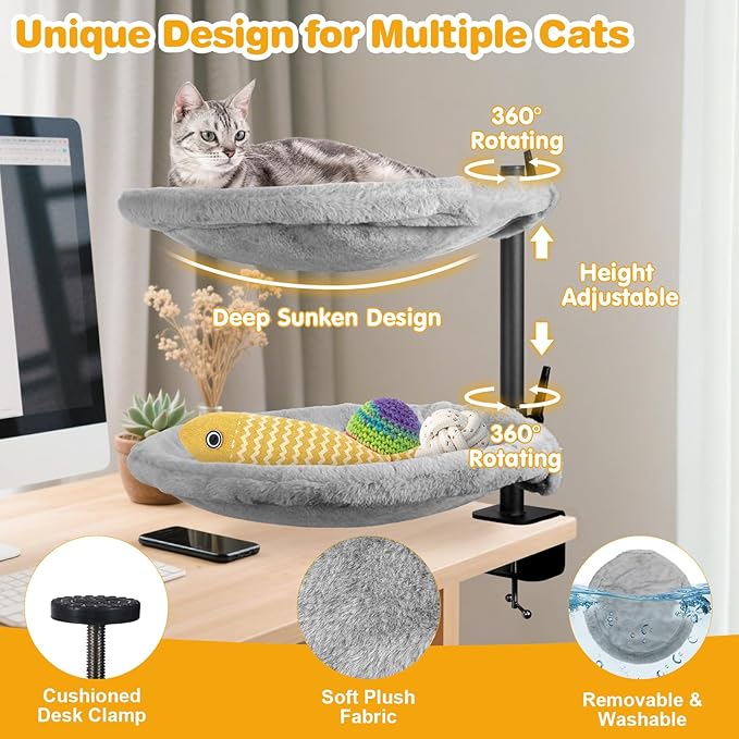 Double Cat Desk Bed - 2 Large Layers Cat beds with 360° Rotating & Adjustable Height, Kitten Nest for Desktop with 2 Washable Soft Covers, Kitten Hammock Bed Mount for Home Office Grey