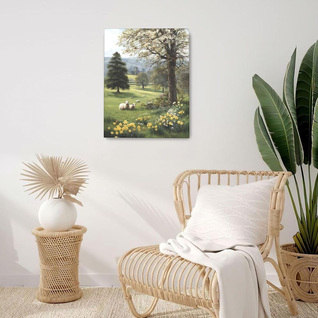 Country Sheep Canvas Wall Decor Farmhouse Rustic Lamb Wildflower Wall Art Nature Countryside Landscape Pictures Painting Print Framed Artwork Decorations for Bathroom Living Room Bedroom 16"x20"