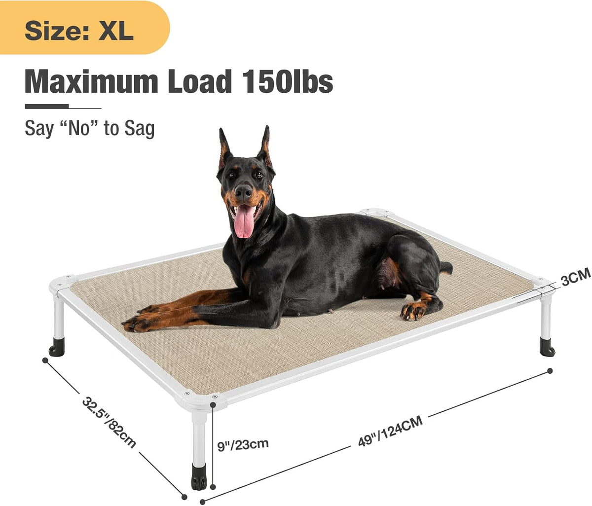 Veehoo Chew Proof Elevated Dog Bed - Cooling Raised Pet Cot - Silver Aluminum Frame and Durable Textilene Mesh Fabric, Unique Designed No-Slip Feet for Indoor or Outdoor Use, Beige Coffee, X Large