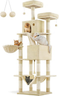 Feandrea Cat Tree, 81.1-Inch Large Cat Tower with 13 Scratching Posts, 2 Perches, 2 Caves, Basket, Hammock, Pompoms, Multi-Level Plush Cat Condo for Indoor Cats, Beige UPCT190M01
