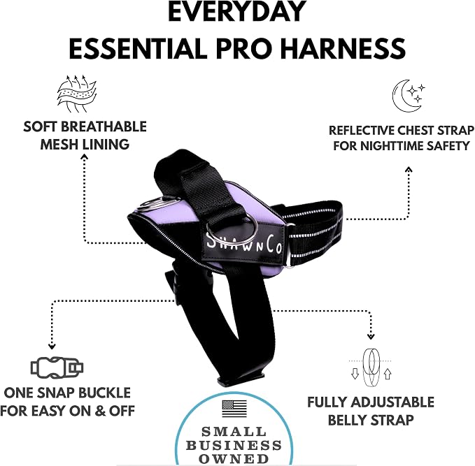 ShawnCo Essential Pro Dog Harness, No-Pull Pet Vest with 3 Leash Clips and Removable, Reflective Side Patches, Adjustable and Padded Harness for Small, Medium and Large Dogs (ICY Lilac, S)