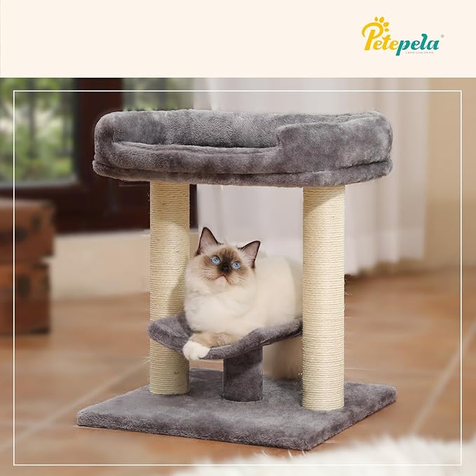 PETEPELA 19" Scratching Post, Cat Tree Tower, 100% Natural Sisal Scratcher With Large Plush Top Perch Bed, Cozy Platform for Kittens and Cats