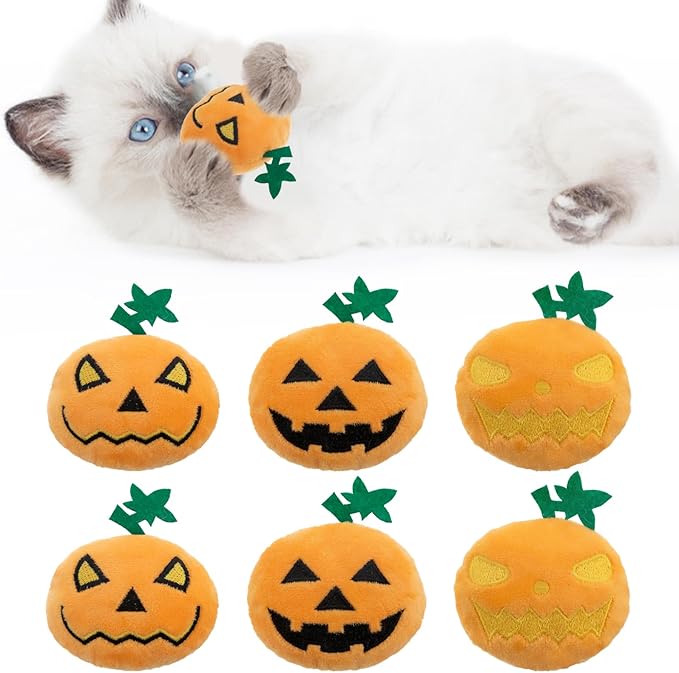 6pcs Halloween Pumpkin Catnip Toy，Hallowen Indoor Pumpkin Shaped Cat Toy Plush Interactive Chew Bite Toys for Cat Kitten Indoor Festive Holiday Cat Lover Gift