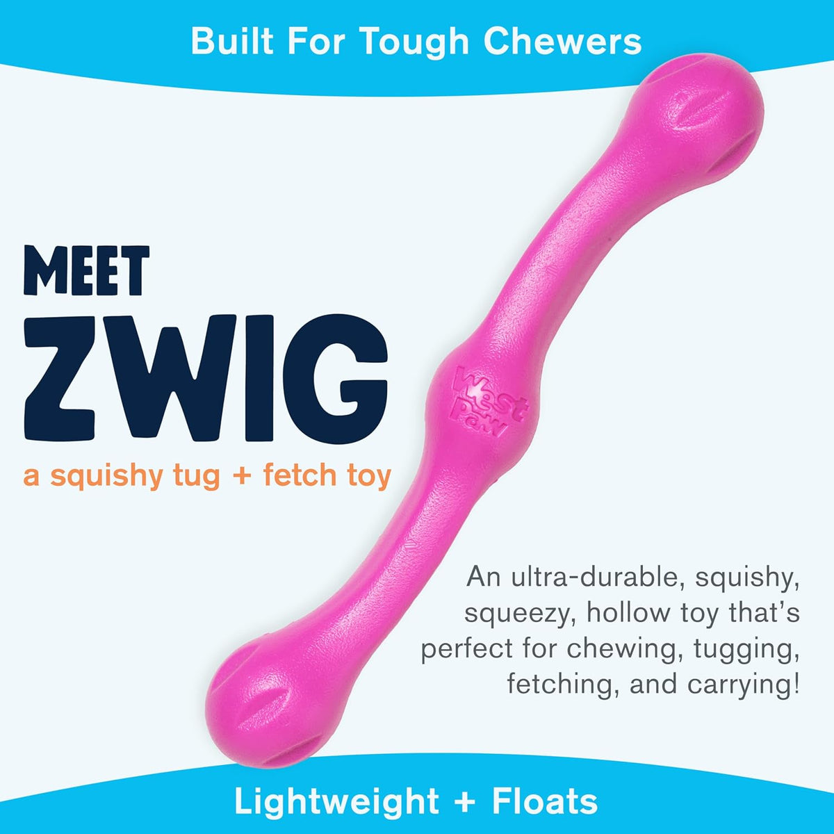 WEST PAW Zogoflex Echo Zwig Squeezy Dog Fetching Stick – Bouncy, Hollow, Squishy Interactive Toy for Puppies, Large Dogs – Floatable Stick, Lightweight Chewy Toy for Catch/Fetch – 13.75”, Hot Pink