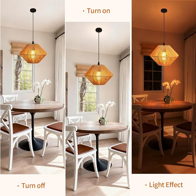 10''Natural Rattan Chandelier Pendant Lights -Small Farmhouse Boho Rattan Hanging lamp with Included E27 Bulb, 120V Wicker Pendant Lamps for Dining Room Kitchen Bedroom Living Room Island