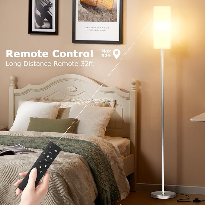 Ambimall 64'' Floor Lamps for Living Room with Remote Control and Stepless Dimmable Colors Temperature & Brightness, 9W Bulb Included(White Lampshade & Silver Pole)