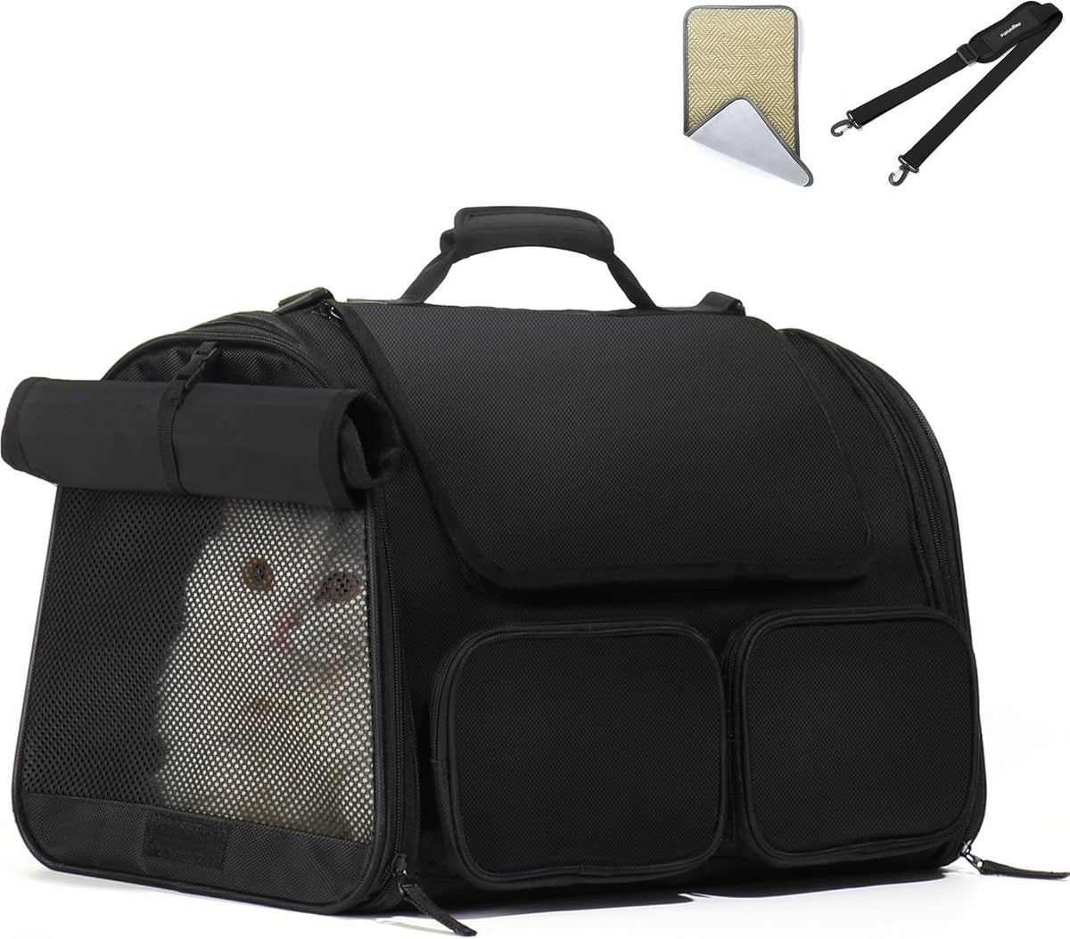 FUKUMARU Cat Carrier, 4 Mesh Windows Small Dog Carrier, 4 Storage Pockets Cat Travel Bag, Under 15 lb Airline Approved Pet Carrier, Rollable Cover for Nervous Cats, Black