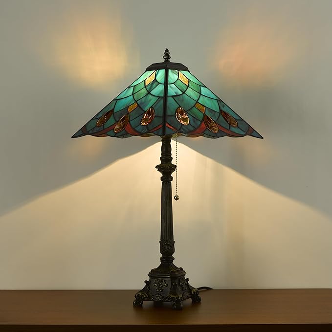 Tiffany Table Lamps Sky Blue Stained Glass Crystal Style Mission Desk Lamp 12X12X24 Inch Bronze Resin Base