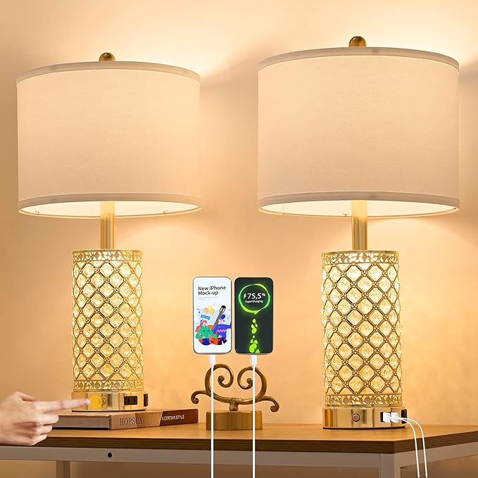Crystal Table Lamp Set of 2-24in Gold Bedroom Lamps 3-Way Dimmable Touch Lamp with Night Light, 2 USB Ports + AC Outlet Bedside Night Stand Lamp for Living Room (Gold-2 Pack 24In)