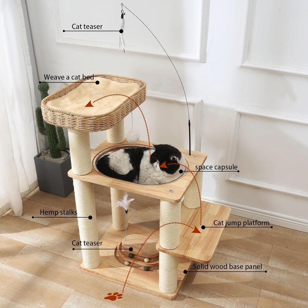 34 Inch Solid Wood Cat Tree Tower with Space Capsule, Hand-Woven Basket Nest, Feather Toy, Hanging Balls, Sisal Posts, 4-Tier Indoor Climbing Cat Tower for Kittens