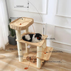 34 Inch Solid Wood Cat Tree Tower with Space Capsule, Hand-Woven Basket Nest, Feather Toy, Hanging Balls, Sisal Posts, 4-Tier Indoor Climbing Cat Tower for Kittens