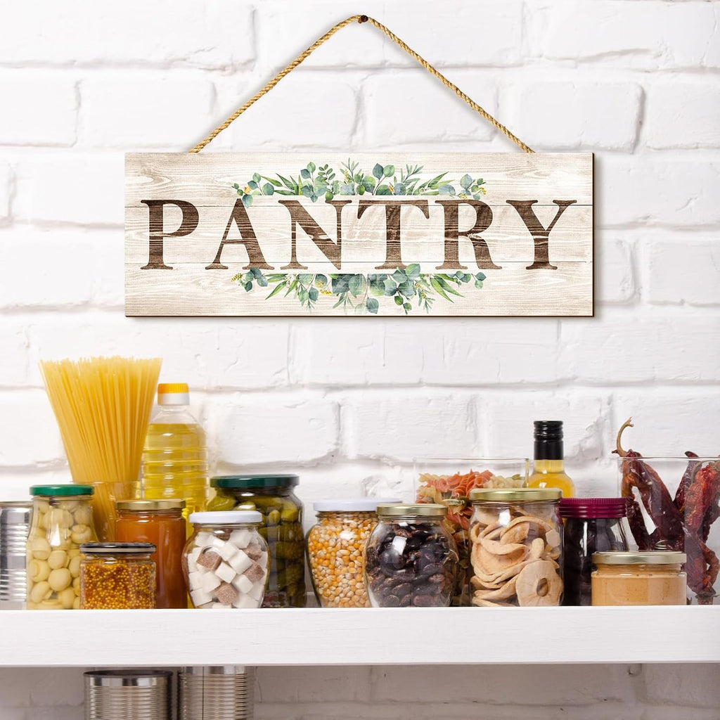 Bathroom Kitchen Laundry Pantry Sign Wall Decor 4 Piece, Wall Art with Plant Print, Rustic Farmhouse Wall Hanging Plaque Home Kitchen Decorative Bathroom, 4.7 x 13.7 inches