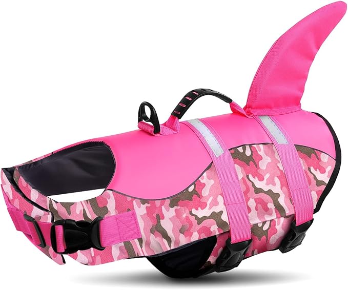 Dog Life Jacket Ripstop Dog Shark Safety Vest Adjustable Preserver with High Buoyancy and Durable Rescue Handle for Small,Medium,Large Dogs, Pink Camouflage XX-Large