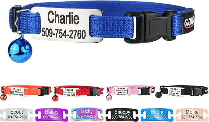 GoTags Personalized Cat Collars with Tag, Engraved Custom Cat Collar with Name and Phone, Breakaway Collar with Safety Buckle and Bell, Adjustable for Cats and Kitten (Blue with Nameplate)