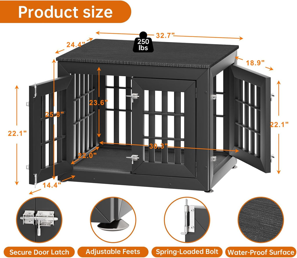 32" Heavy Duty Dog Crate Furniture for Small,Medium and Large Dogs,Rustic Wooden Dog Cage Kennel Indoor Furniture with Waterproof Top,Decorative Pet House Side End Table (Black)