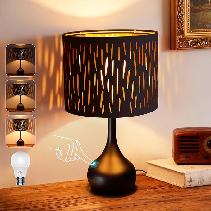 ONEWISH Touch Bedside Lamp for Bedroom, 3-Way Dimmable Table Lamps for Nightstand, Black Cutout Shade with Gold Lining Desk Lamp for Living Room, End Tables, LED Bulb Included