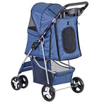 4 Wheels Dog Stroller Folding Pet Strolling Cart for Small Medium Cats Puppies Portable Jogger Travel Camping Puppy Carrier with Storage Basket Cup Holder, Navy Blue