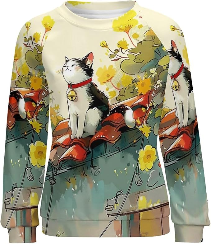 Womens Long Sleeve Tops Y2k Japanese Art Print Sweatshirts Fall Pullover for Women Crewneck Vintage Shirts Boho Tops