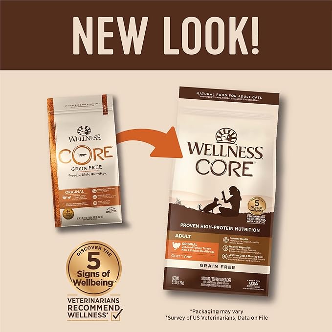 Wellness CORE Adult Dry Cat Food for Indoor & Outdoor Cats, Grain-Free, Natural, Original Turkey, Turkey Meal & Chicken (5 Pound Bag)