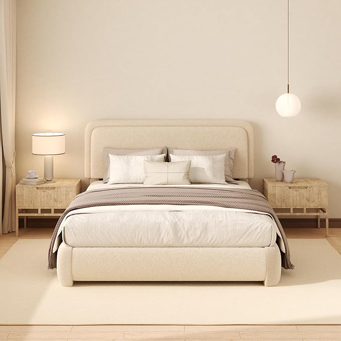 Queen Boucle Platform Bed Frame with Height Adjustable Headboard, Modern Upholstered Cloud Bed, Sleek Curved Design, No Box Spring Needed, Noise Free, Easy Assembly, Beige