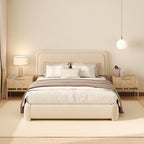 Queen Boucle Platform Bed Frame with Height Adjustable Headboard, Modern Upholstered Cloud Bed, Sleek Curved Design, No Box Spring Needed, Noise Free, Easy Assembly, Beige