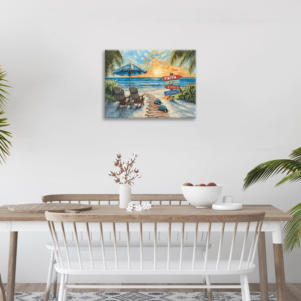 Beach Ocean Bathroom Pictures Wall Art, Seaside Coastal Bathroom Wall Decor, Sunrise Framed Painting Canvas Artwork for Bedroom Living Room Decorations 16"L x 12"W