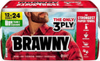 Brawny Tear-A-Square 3-Ply Paper Towels, 12 Double Rolls = 24 Regular Rolls, Strong, Absorbent, and Durable with 3 Sheet Sizes