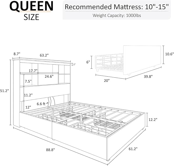 AMERLIFE Queen Size Bed Frame Wooden Platform Bed with 51.2" LED Storage Bookcase Headboard, 4 Storage Drawers & Charging Station/No Box Spring Needed/Noise Free/Rustic Grey