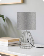 Small Table Lamp, Bedside Lamp with Grey Linen Lampshade & Silver Metal Base, Modern Nightstand Lamp, Little Cute Desk Lamp for Bedroom, Living Room, 2700K LED Bulb Included, SH06TL05