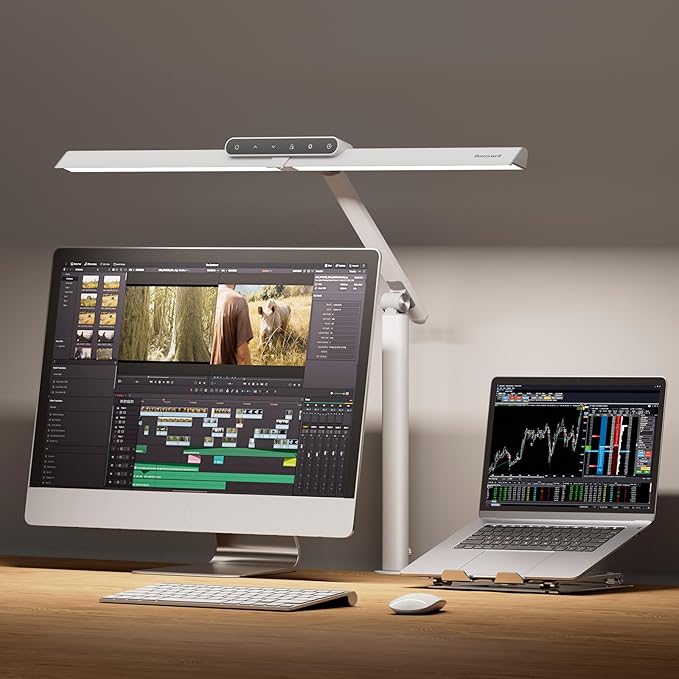 Honeywell LED Desk Lamp with Clamp - HJ1 Sunturalux Eye-Caring Clip on Lights for Home Office, 1200LM Clamp Lamp 4 Color Modes Stepless Dimming Task Desk Light for Working White