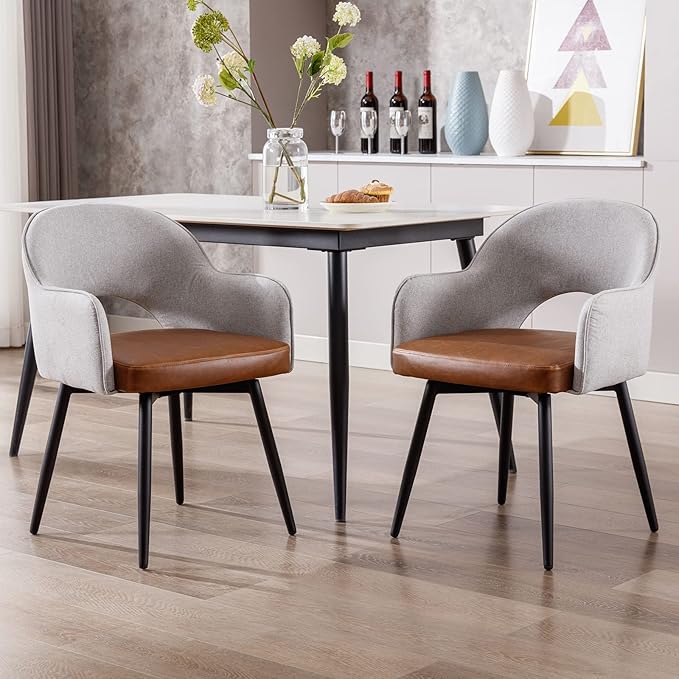 DUOMAY Modern Swivel Dining Chairs Set of 2, Linen & Faux Leather Upholstered Accent Side Chair, Home Office Desk Chair with No Wheels for Dining Room Living Room Office, Light Grey