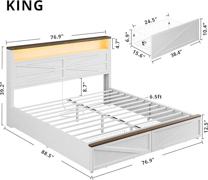 IRONCK Farmhouse King Size Bed Frame with LED Light and Charging Station, Wood Bed Frame with Storage Headboard and 2 Drawers， Barn Door Design, Sturdy and Noiseless, White