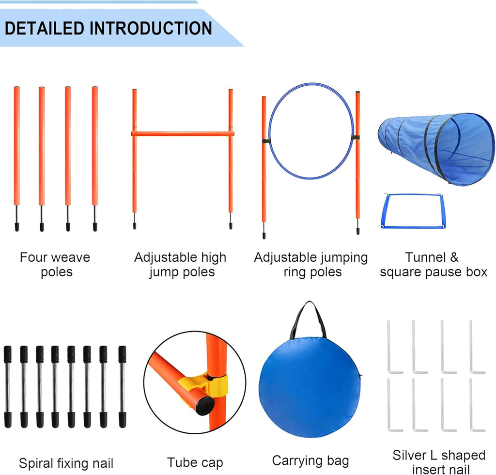 Dog Agility Training Equipment, Obstacle Agility Training Starter Kit for Doggie, Including Tunnel, 13 Weave Poles, Adjustable Hurdle, Jump Ring, Pause Box and Carrying Bag(Blue)