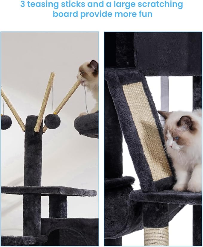 Hey-brother Cat Tree, 53 inch Cat Tower for Indoor Cats, Cat House with Padded Platform Bed, Toy Balls, Large Cozy Condo, Hammocks and Sisal Scratching Posts, Smoky Gray MPJ019-SG