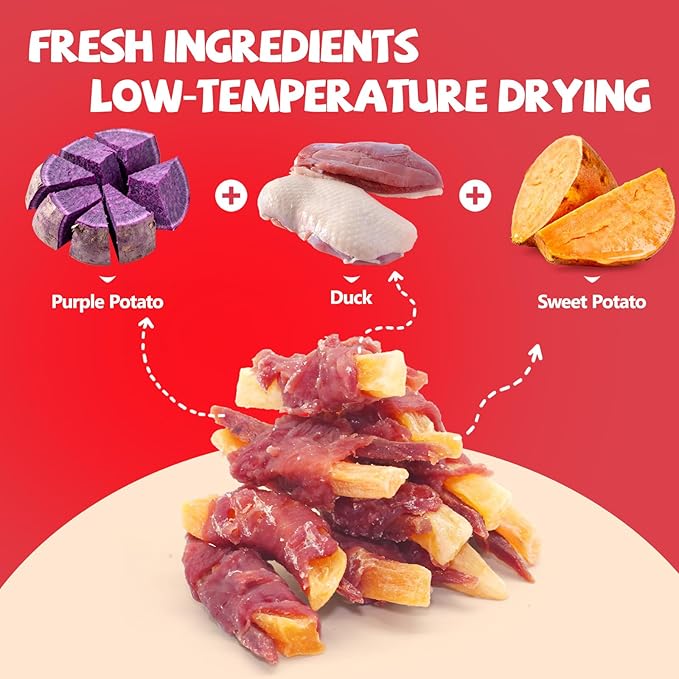 Dog Treats Duck Wrapped Yellow Purple Sweet Potato Chews for Dogs Jerky Dental Care Treats. High Protein Healthy Suitable for Small Medium and Large Dogs for Eating Training Rewards. 14.11 Oz