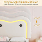 Twin Size Floating Bed Frame with LED Lights, Velvet Upholstered Headboard Bed Frame for Kids/Girls, Rounded Corners, Charging Station, No Box Spring Needed, White