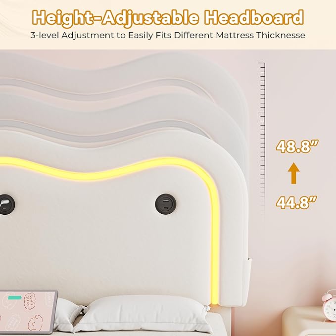 Twin Size Floating Bed Frame with LED Lights, Velvet Upholstered Headboard Bed Frame for Kids/Girls, Rounded Corners, Charging Station, No Box Spring Needed, White