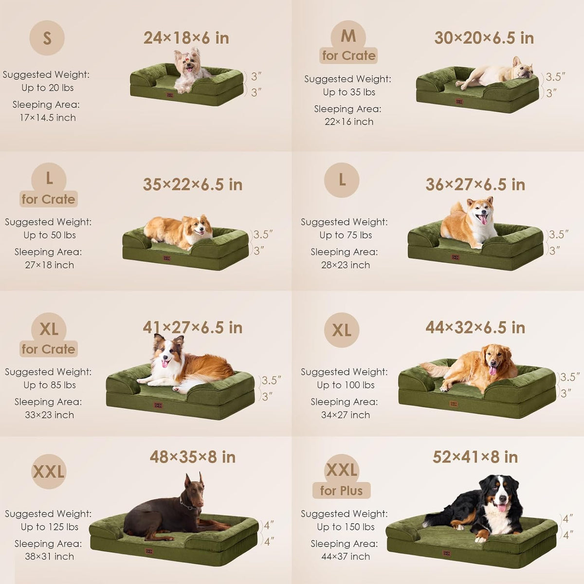 EHEYCIGA Orthopedic Dog Beds for Extra Large Dogs 44x32Inch, Waterproof Memory Foam XL Pet Bed with Sides, Non-Slip and Egg-Crate Foam Big Dog Couch Bed with Washable Removable Cover, Olive Green