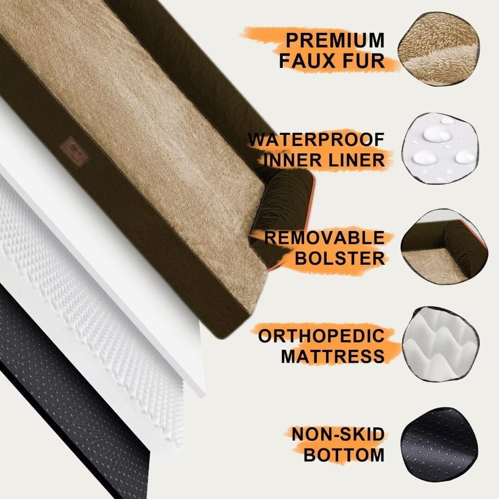 Large Dog Bed Orthopedic Washable: Extra Brown XL XLarge Big Dog Bed with Washable Bolster & Memory Foam Couch Sofa - Waterproof with Removable Cover