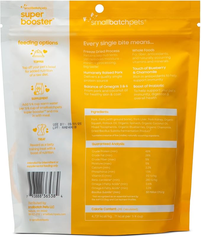 smallbatch Freeze Dried Dog Treats, Superfood Food Topper Pork Bites for Dogs & Cats, Probiotics, Organic Ingredients, High Protein, Grain Free Healthy Treat & Food Topper, Made in The USA, 7 oz Bag