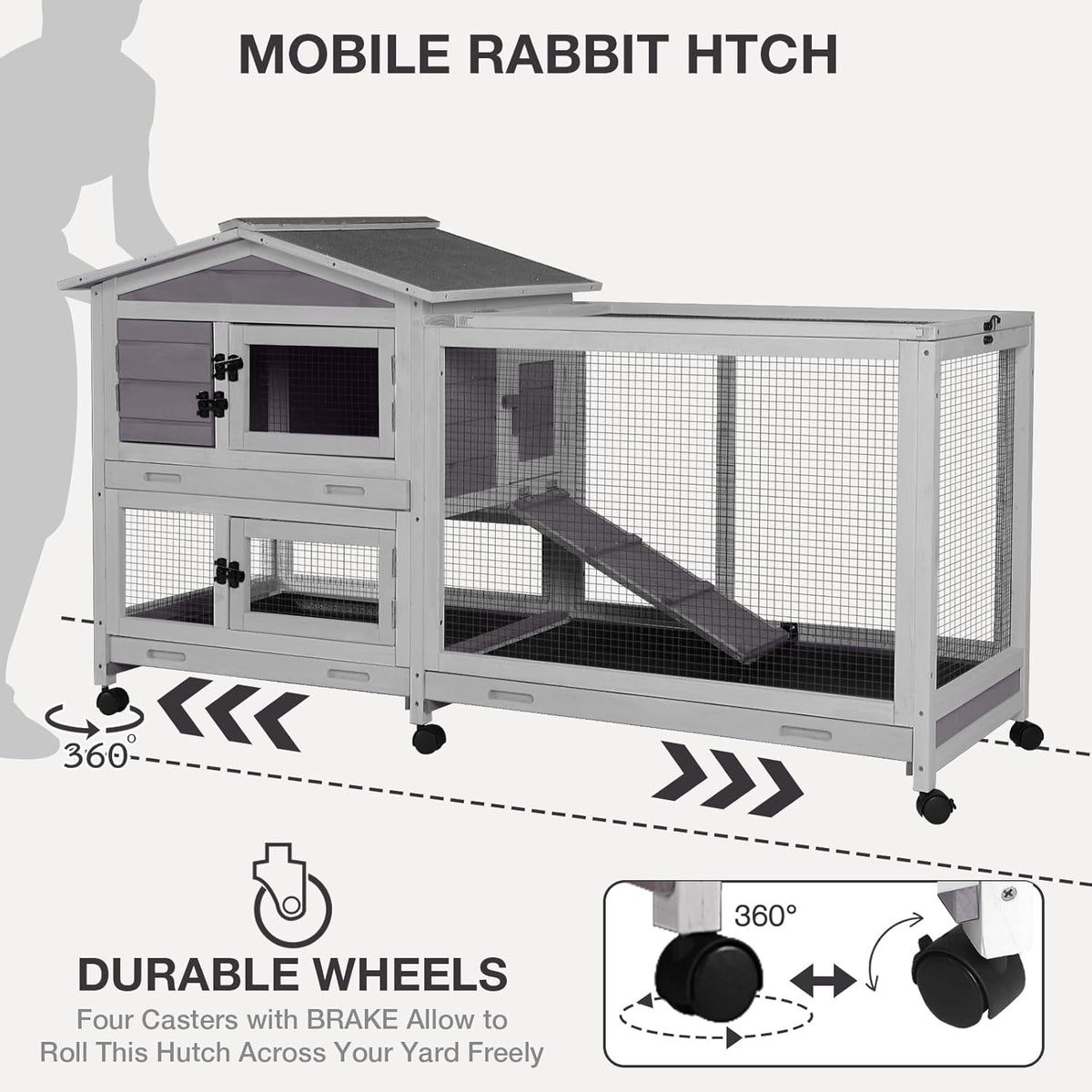 2-Story Indoor Rabbit Hutch with Chew-Proof Outdoor Rabbit Cage with 6 Locking Casters Bunny Cage 2 Pull-Out Trays Guinea Pigs Cage 62"