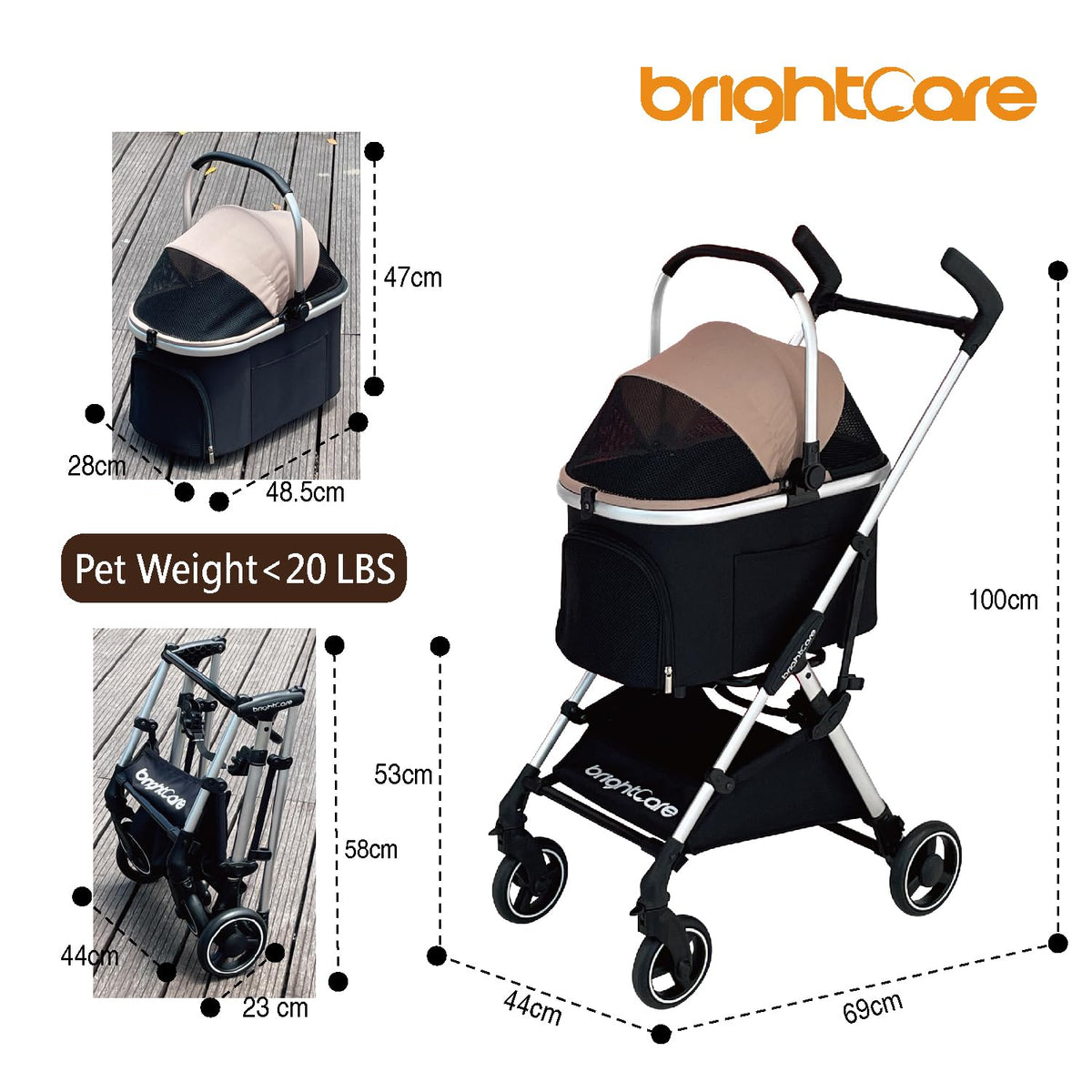 3-in-1 Small Pet Carrier with Stroller for Small Dogs & Cats Under 20 lb – Removable Carrier Converts to Car Seat – Lightweight, One-Hand Fold, No-Zipper Entry