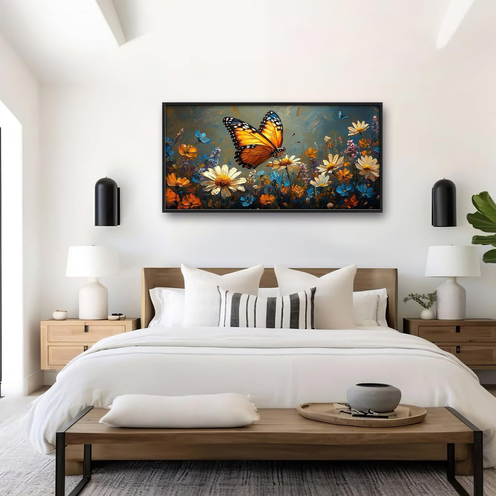 Large Butterfly Daisy Wall Art for Living Room, Floral Landscape Canvas Oversized Wall Decor, Flower Scenery Aesthetics Framed Pictures Painting Print Artwork for Bedroom Office 60"L x 30"W