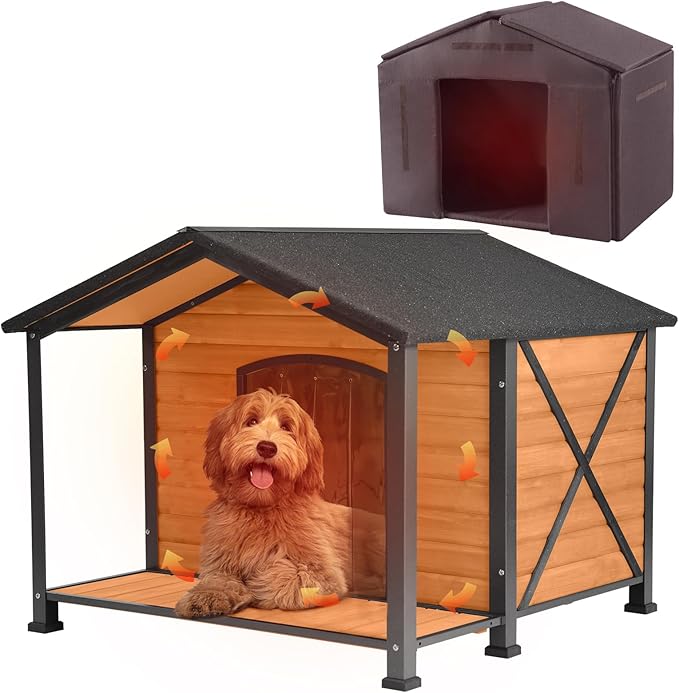 Extra Large Dog House Outdoor & Indoor, Insulated Liner Dog Kennel Weatherproof for Winter, 6 Sides All-Round Foam with Strong Metal Chew Proof Frame, for Small Medium Large Dogs