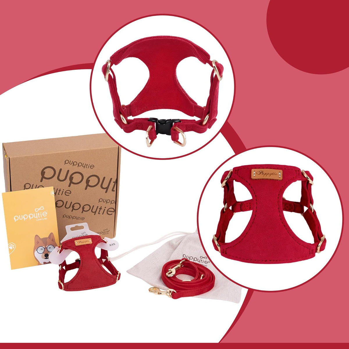 Puppytie No Pull Small Dog Harness with Multifunction Dog Leash,Lightweight Soft Adjustable No Choke Escape Proof Pet Harness Vest Pet Harness Vest,red-Camellia,S
