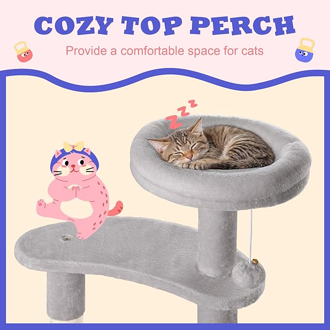 Allewie 55.5 in Cat Tree for Indoor Kitties/Soft Plush Perches/Multi-Level Cat Tower/Sisal Scratching Posts/Crescent Plates/Round Jumping Board/Hanging Ball/Pet Activity Center/Grey