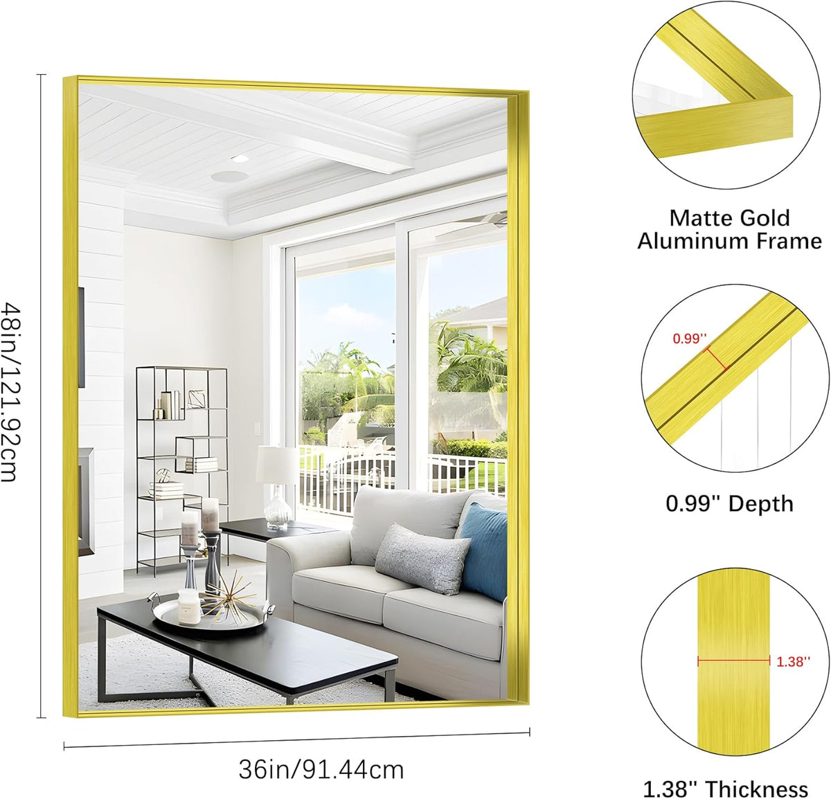 Gold Bathroom Mirror, 36x48 Inch Rectangular Framed Mirror, Large Wall Mounted Bathroom Vanity Mirror Over Sink for Bedroom,Restroom, Living Room, Hangs Vertically or Horizontally